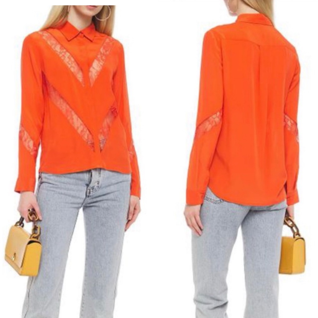 Maje Chimer Womens Orange Lace-Trimmed Silk Crepe Top Shirt Size 0 - 2 Sheer New